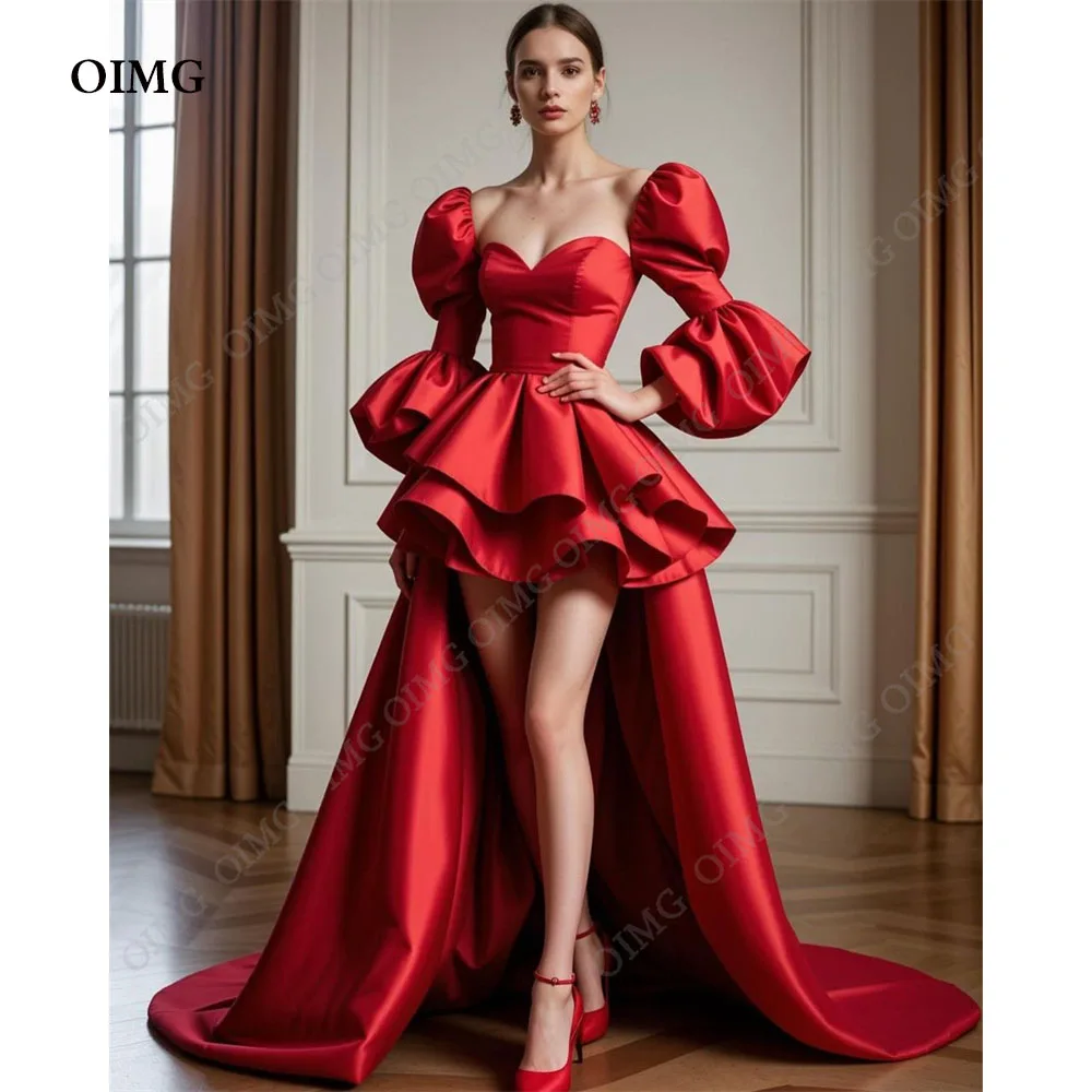 

OIMG Red High/Low Satin Tiered Evening Dresses Arabic Dubai Prom Party Dress Floor Length Formal Cocktail Event Occasion Gowns