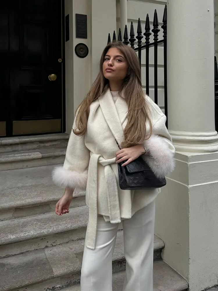 أنيقة الدانتيل يصل الفراء المرقعة معطف المرأة فضفاضة الصلبة طويلة الأكمام الخامس الرقبة المفتوحة غرزة معاطف الإناث 2025 الخريف سترة حريمي الموضة