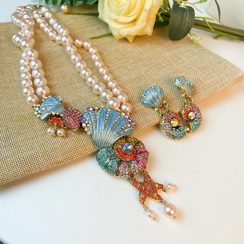 Colored Crystal Pearl Necklace Scallop Conch Fringed Earrings Accessory Jewelry Set