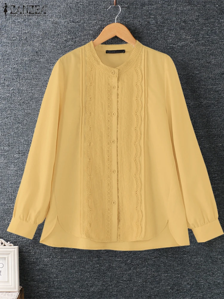 

ZANZEA Casual Open Up Tops Women Long Sleeve Shirts Leisure Lacing Splicing Chemise 2024 Spring Holiday O-Neck Sweety Tunics