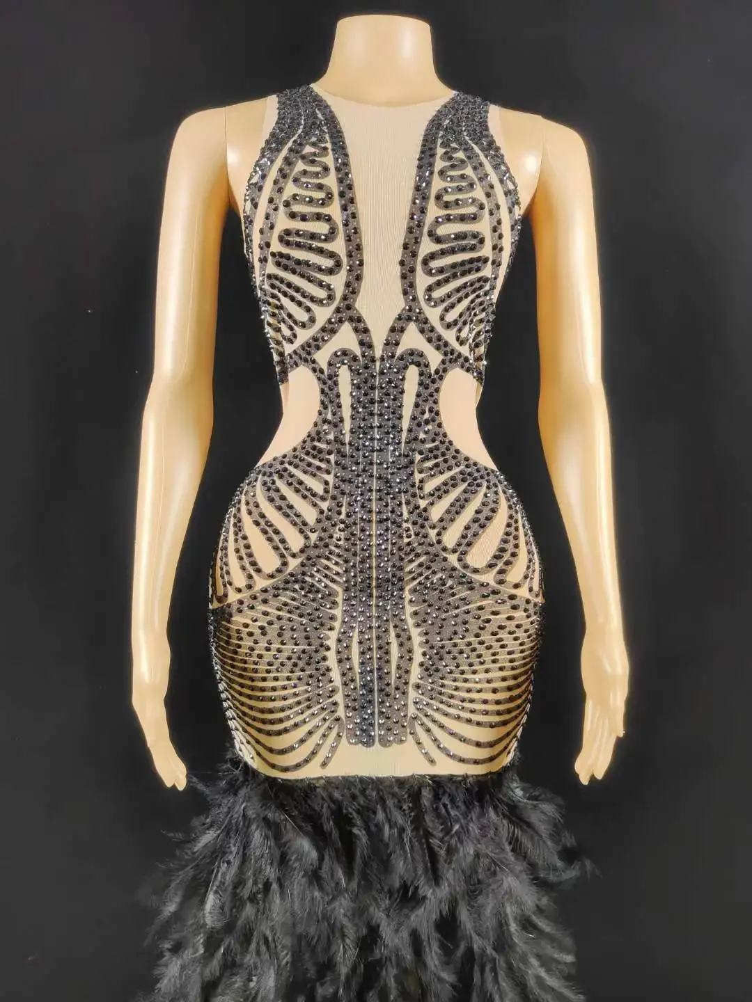 

Charming Pageant Bachelorette Outfits Women Black Feather Rhinestone Sparkly Party Birthday Stage Performance Long Dress