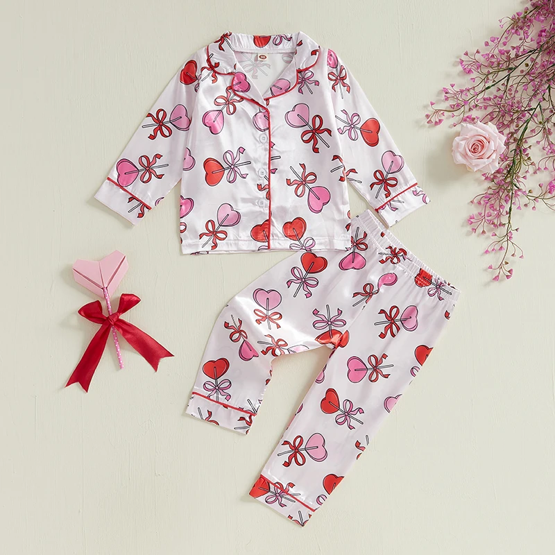 Kids Girls Valentine's Day Printed Pajamas Set Sweet Heart Print Long Sleeve Tops and Elastic Band Pants 2Piece Child Loungewear