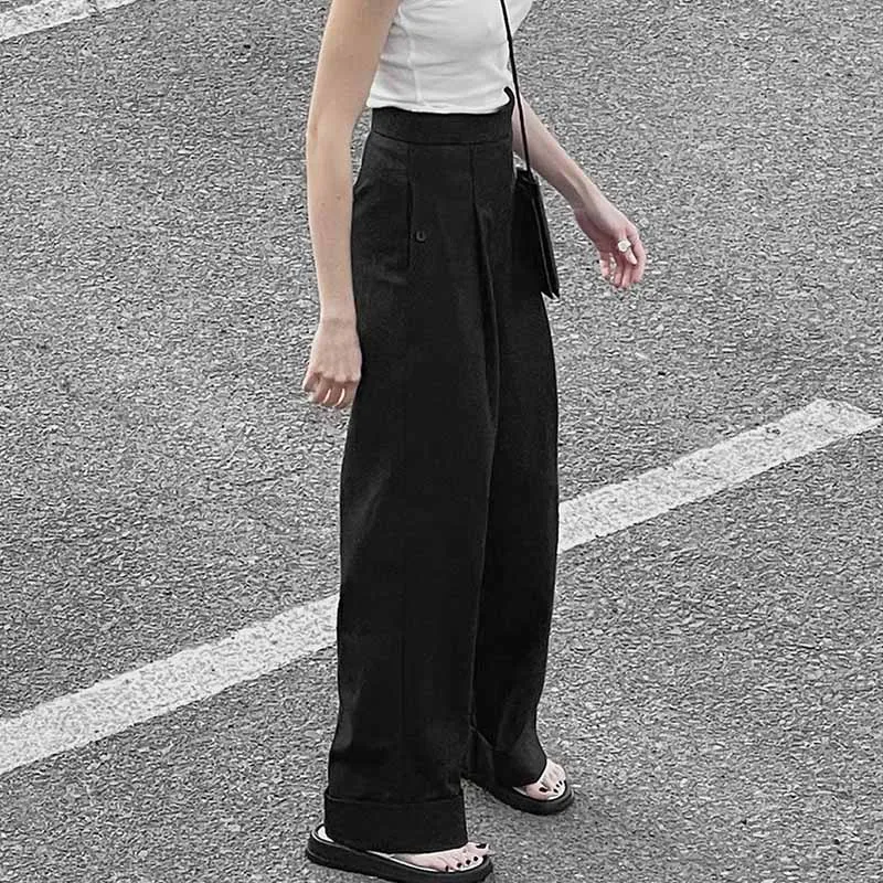 

Spring Summer Black Ladies Office Trousers Women High Waist Pants Pockets Female Pleated Wide Leg Pants Solid 2024