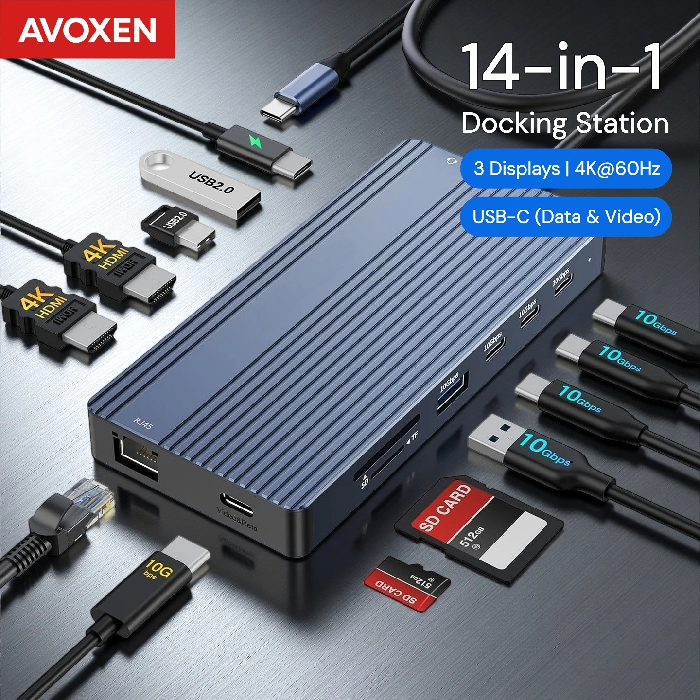 USB-C-Hub-Dockingstation 14-in-1 HDMI 4K 60Hz DP Alt-Modus Dreifach-Display 10Gbps 100W PD RJ45 Kartenleser für MacBook Laptop