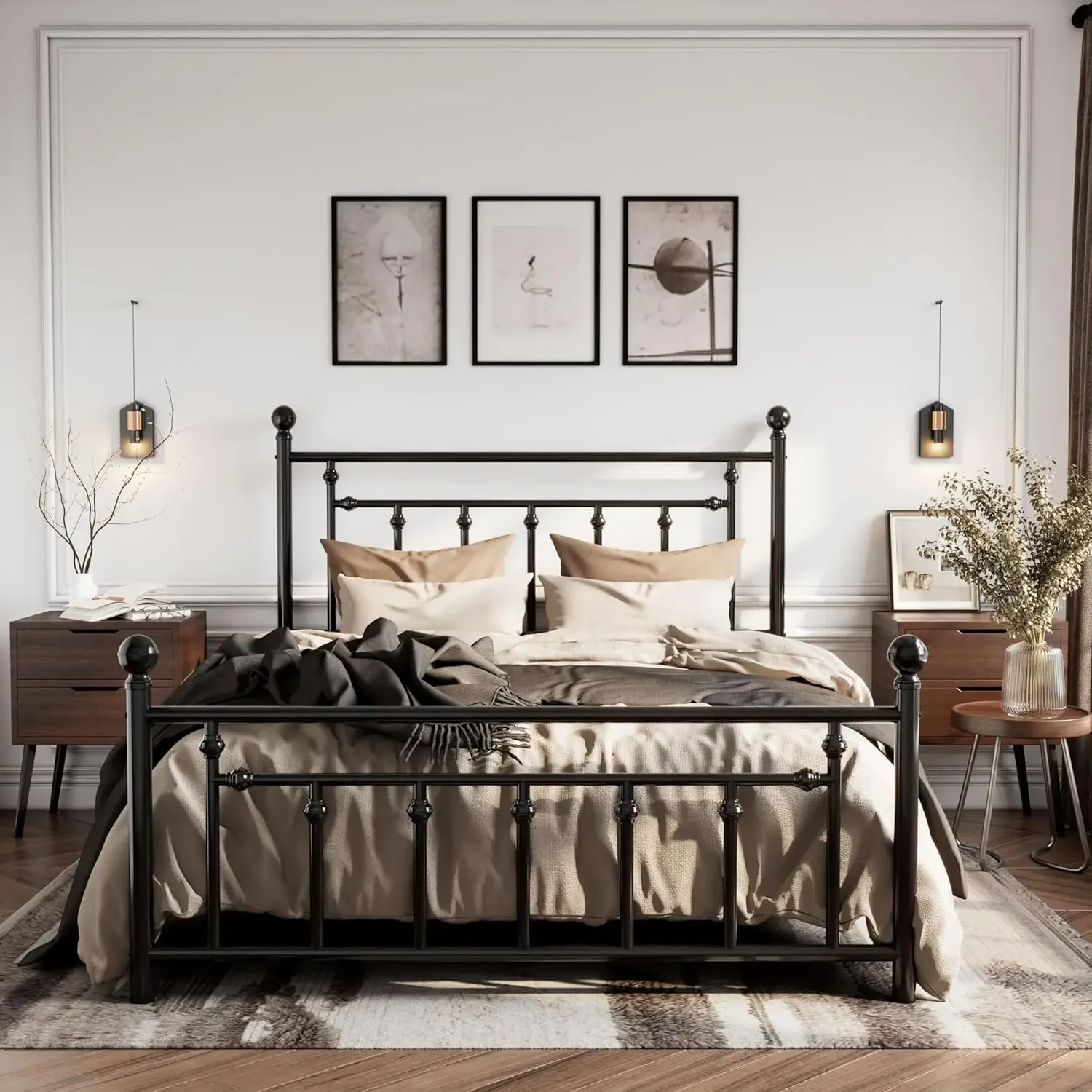 Queen Size Metal Platform Bed Frame/Victorian Headboard and Footboard/Steel Slats Mattress Foundation for