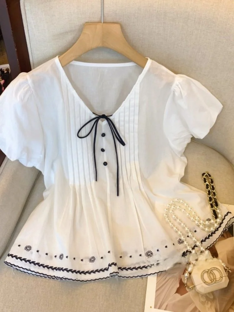 

Новинка 2025, корейский Sle irt Faionable, пухлый женский топ, роскошный свободный крой, ort Sve, французский Sle против морщин