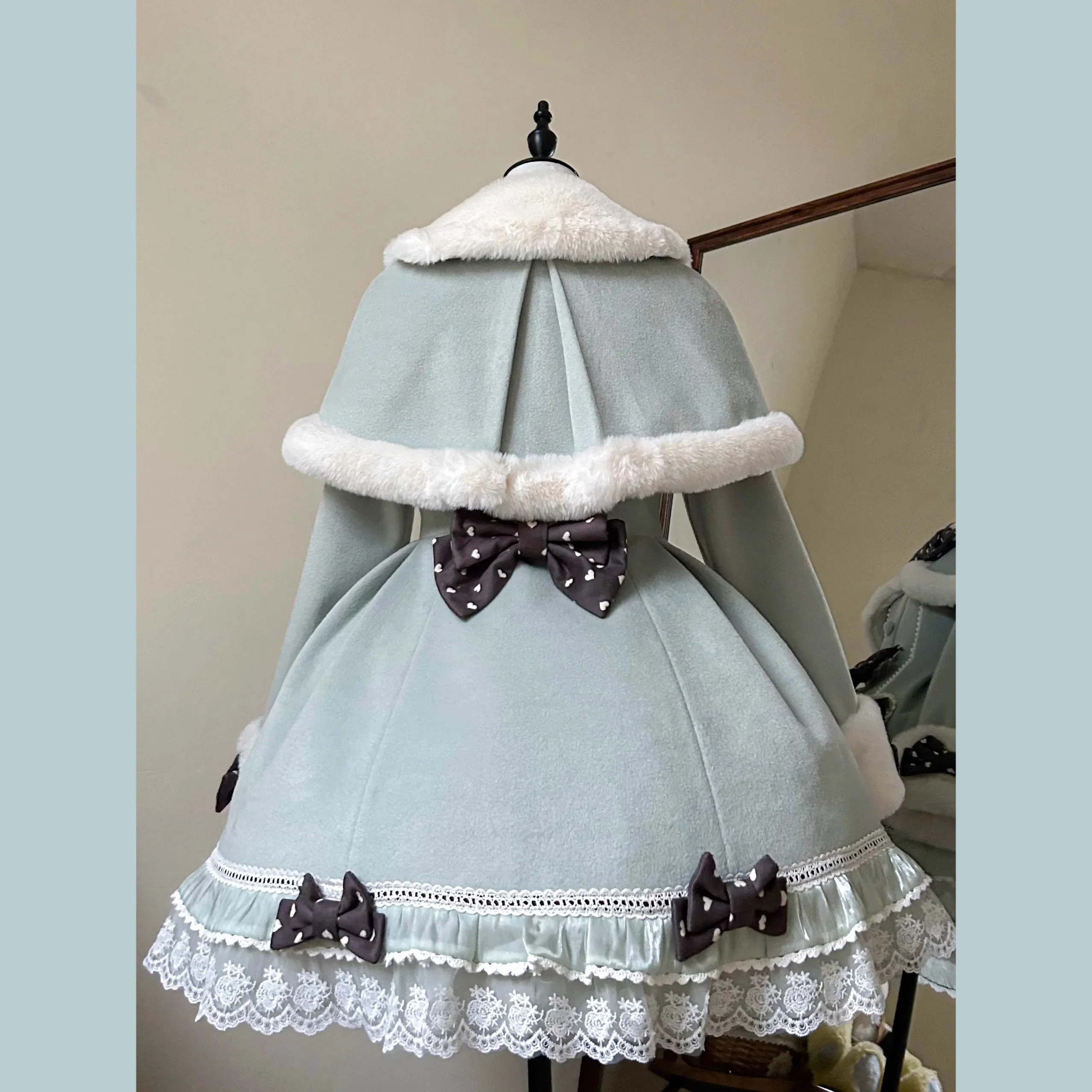 Japanese Style Sweet Cute Bow Plush Cape Collar Single-breasted A-line Slim Fit Thickened Warm Long Woolen Coats Women Winter