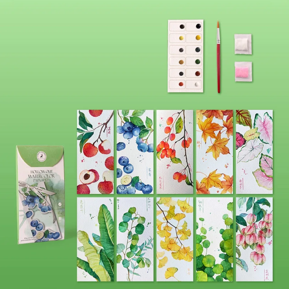 New 10 Sheets Watercolor Painting Set DIY 12 Colors Bookmark Painting Set Gift Hollow Watercolor Paper