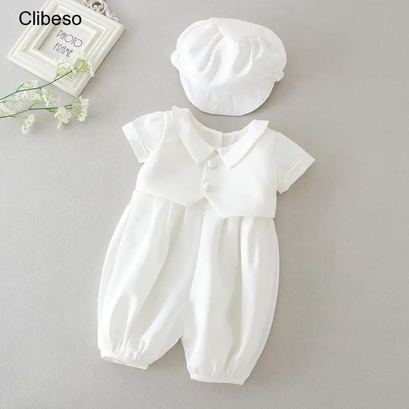 Clibeso Baby Boy Ramadan Romper Infant Short Sleeve Lapel Gentleman Bodysuit Set Muslin Kids Summer Christening Clothes with Hat