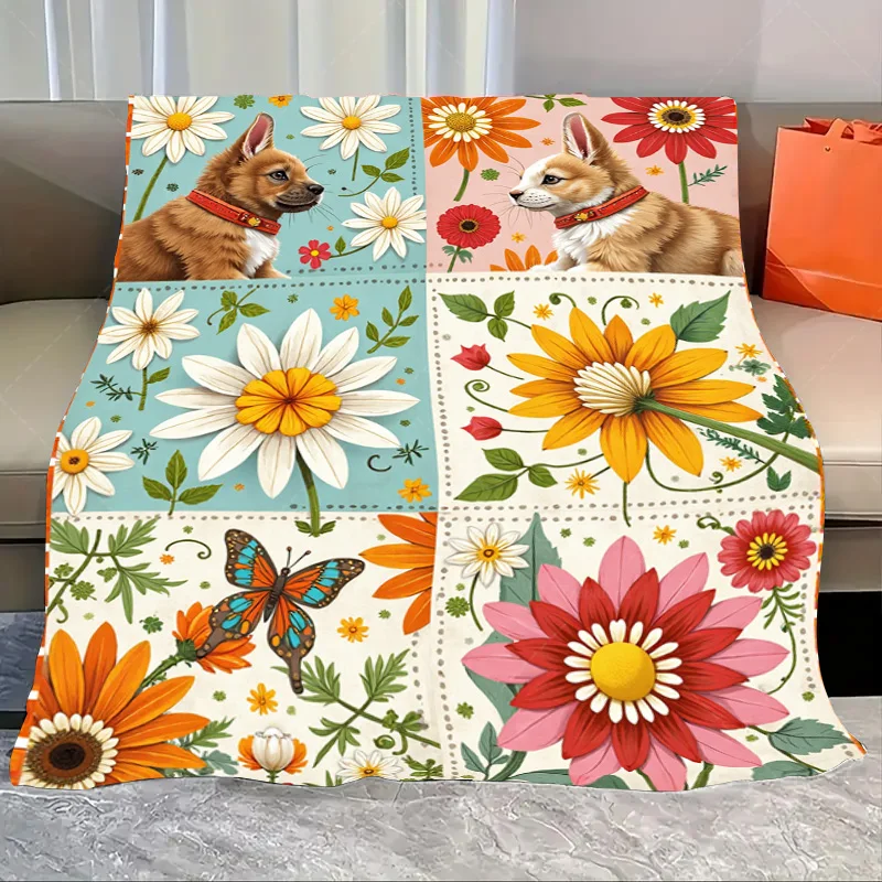 

1pc Flannel Blanket Charming Corgi & Floral Patchwork Blanket for Cozy Home Decor