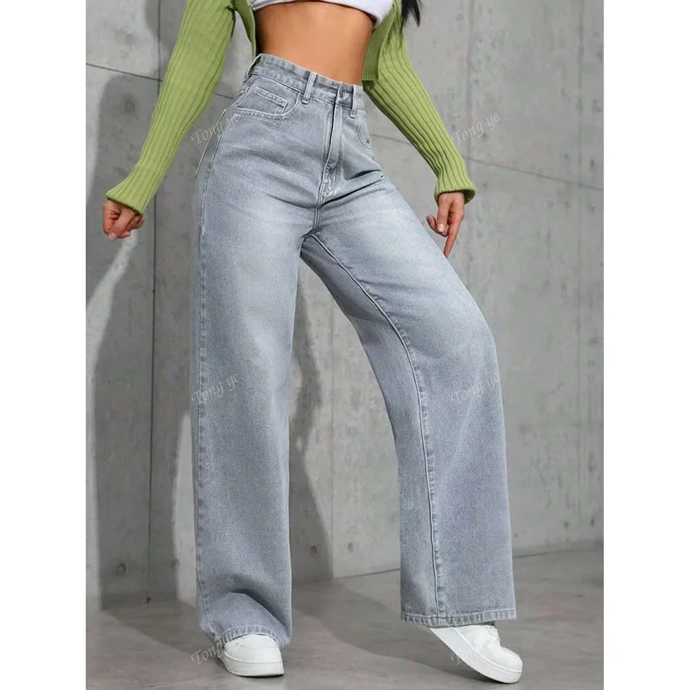 Women Denim Jeans Wide Leg Pants  Vintage Straight Trousers Embroidery Pockets High Waist Washed Floor Length Streetwear