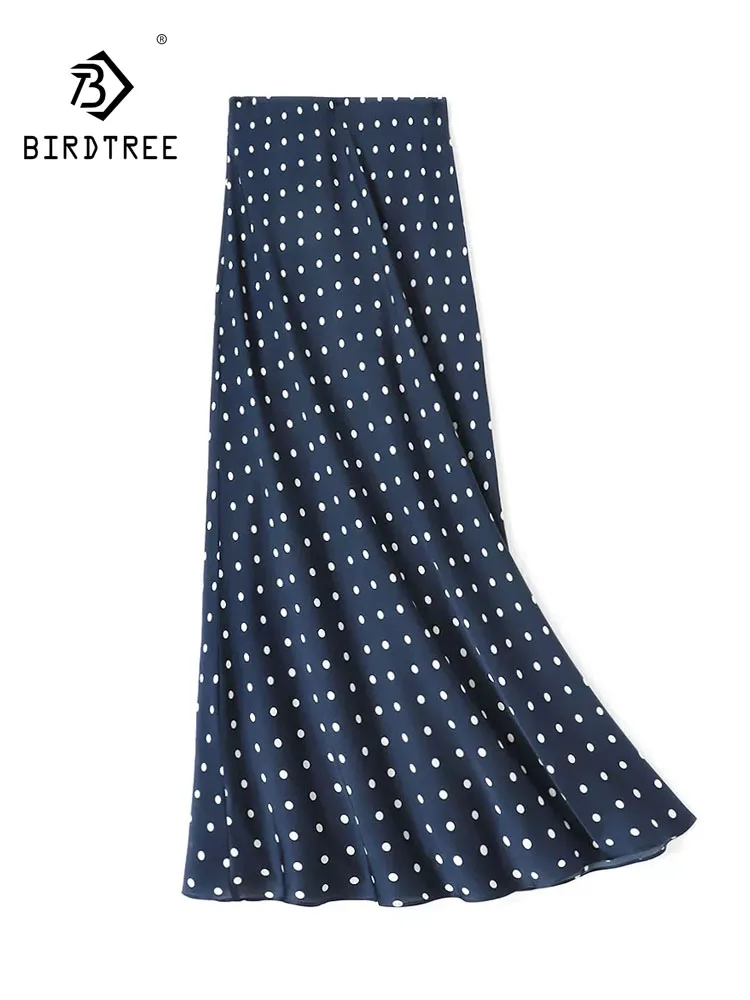 BirdTree-Silk Spandex Elegant Skirts, Elastic Waist Dot Print, Women French Party Casual A-line Skirt, 2026 Autumn New B68130CC