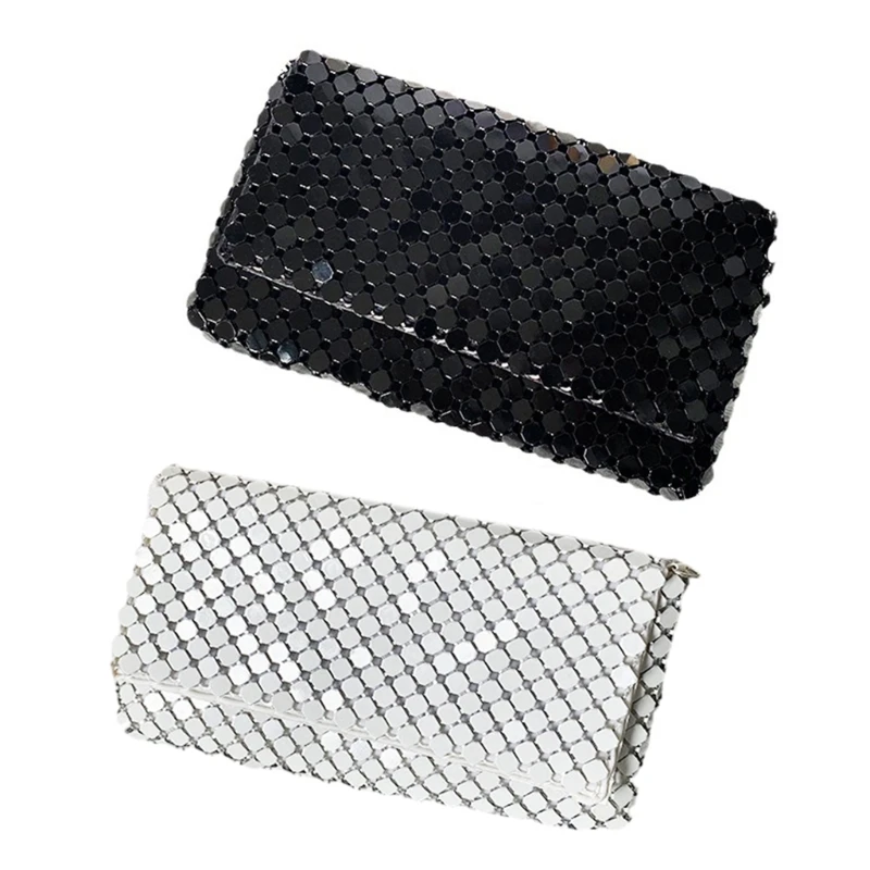 

Black Metal Mesh Evening Bag Fashionable Envelope Purse with Detachable Chain 066F