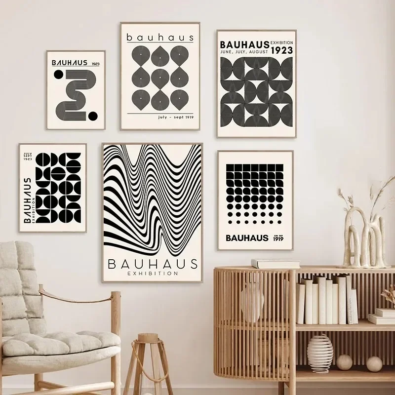 Black and White Bauhaus Mid-Century Present Canvas Painting Simple Personalized Bedroom Decorative Wall Art Anime Poster