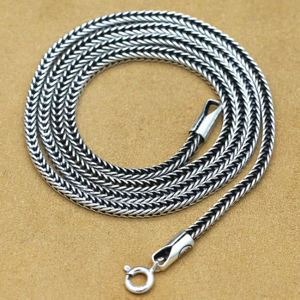 

Real Solid 925 Sterling Silver Chain Men Lucky 3mm Wheat Foxtail Necklace 14-15g/50cm