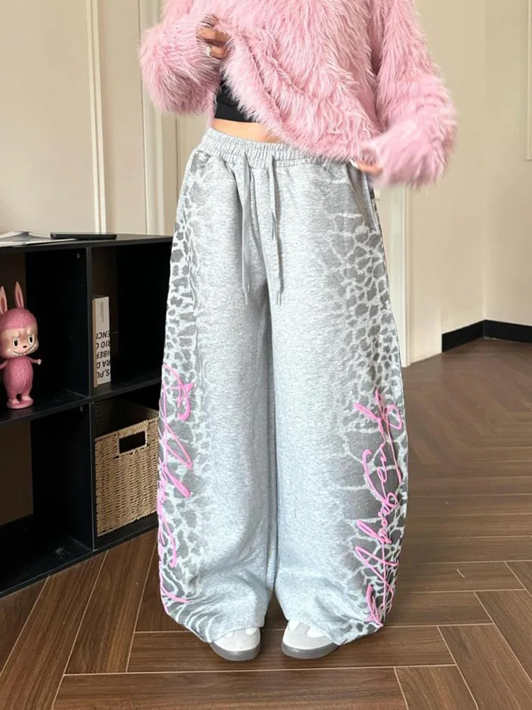 Retro Leopard Wide Leg Pant Women Y2K Vintage American High Waist Sweatpants Streetwear Letter Hip Hop Harajuku Bf Gray Trousers