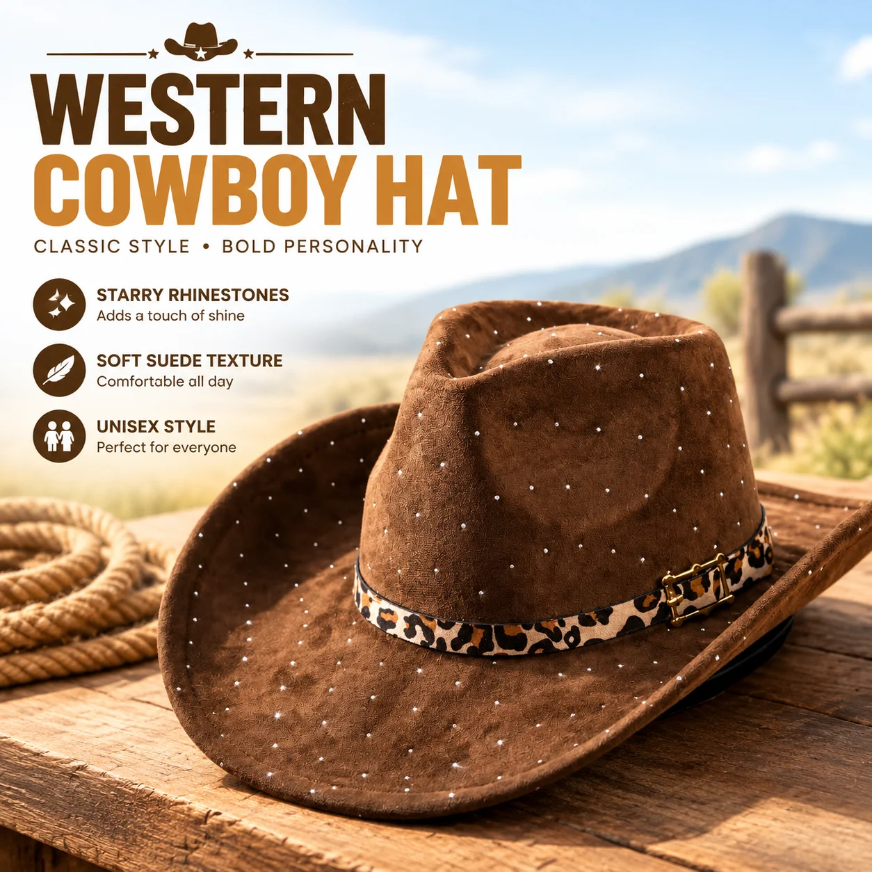 Wide-Brim Western Cowboy Fedora Hat for Unisex, Suede-Texture Headwear with Starry Rhinestone Ornaments, Stylish Trendy