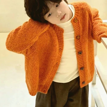 Boys Girls Autumn Sweater 2025 New Korean Fashionable Kids Spring Fall Winter Solid Color Single Breasted Knitted Cardigan 2
