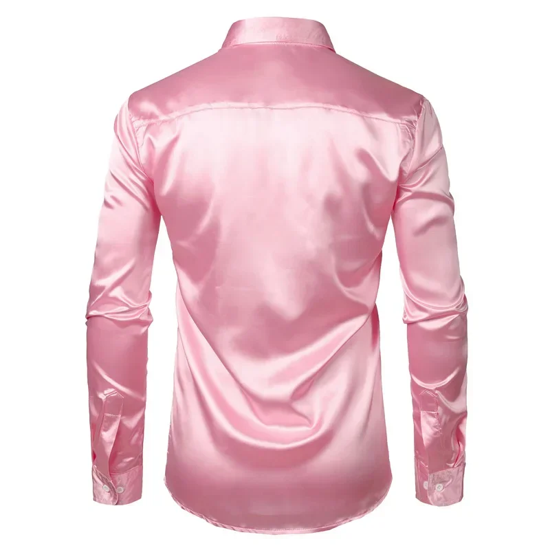 

Pink Silk Satin Luxury Dress Shirt Men 2023 Brand New Slim Long Sleeve Tuxedo Shirt Male Wedding Club Party Dance Prom Camisas