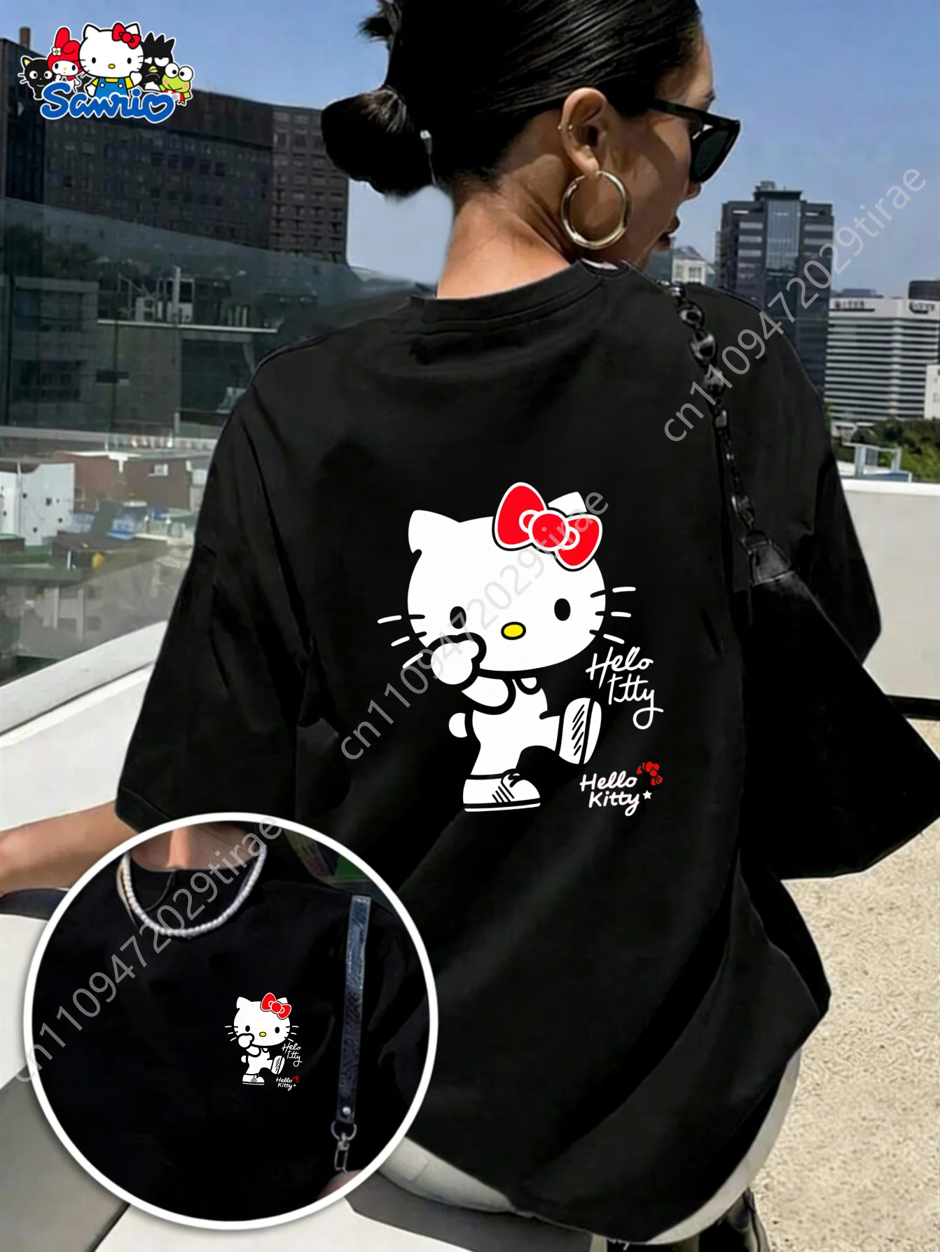 

Sanrio Licensed Women's Hello Kitty T-Shirt - Minimalist Black & White Walking Kitty Print, Loose Fit Short Sleeve Crew Neck Tee