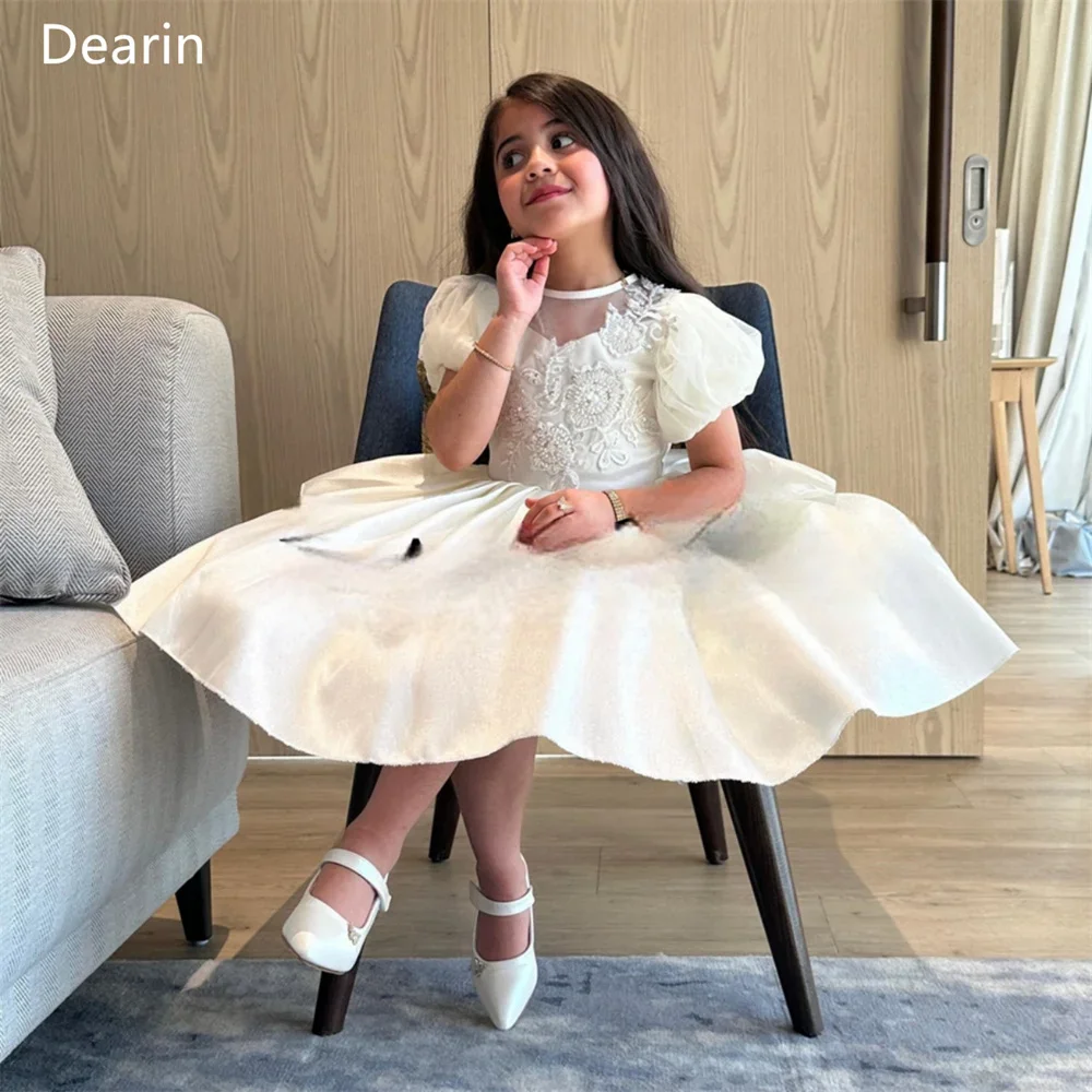 

Dearin Scoop Neckline Ball Gown Tea length Skirts Draped Print Flower Girl Dresses