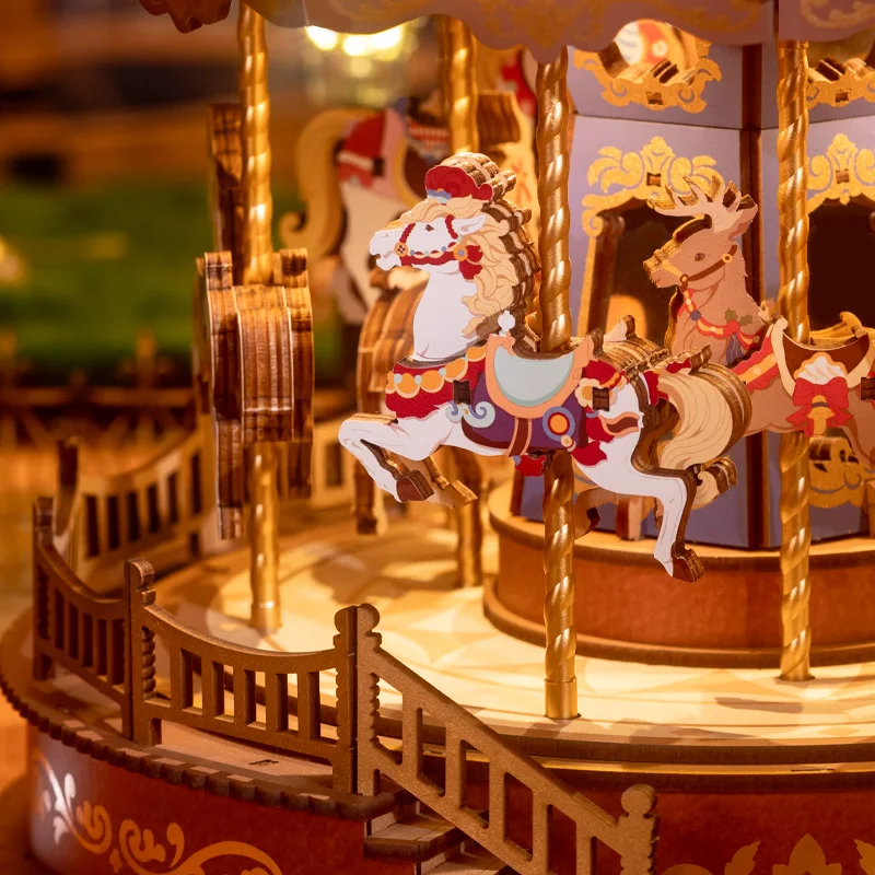 Classic Carousel Music Boxes Easy Assemble 3D Wooden Puzzle Moveable Design with Light Xmas Gifts for Family