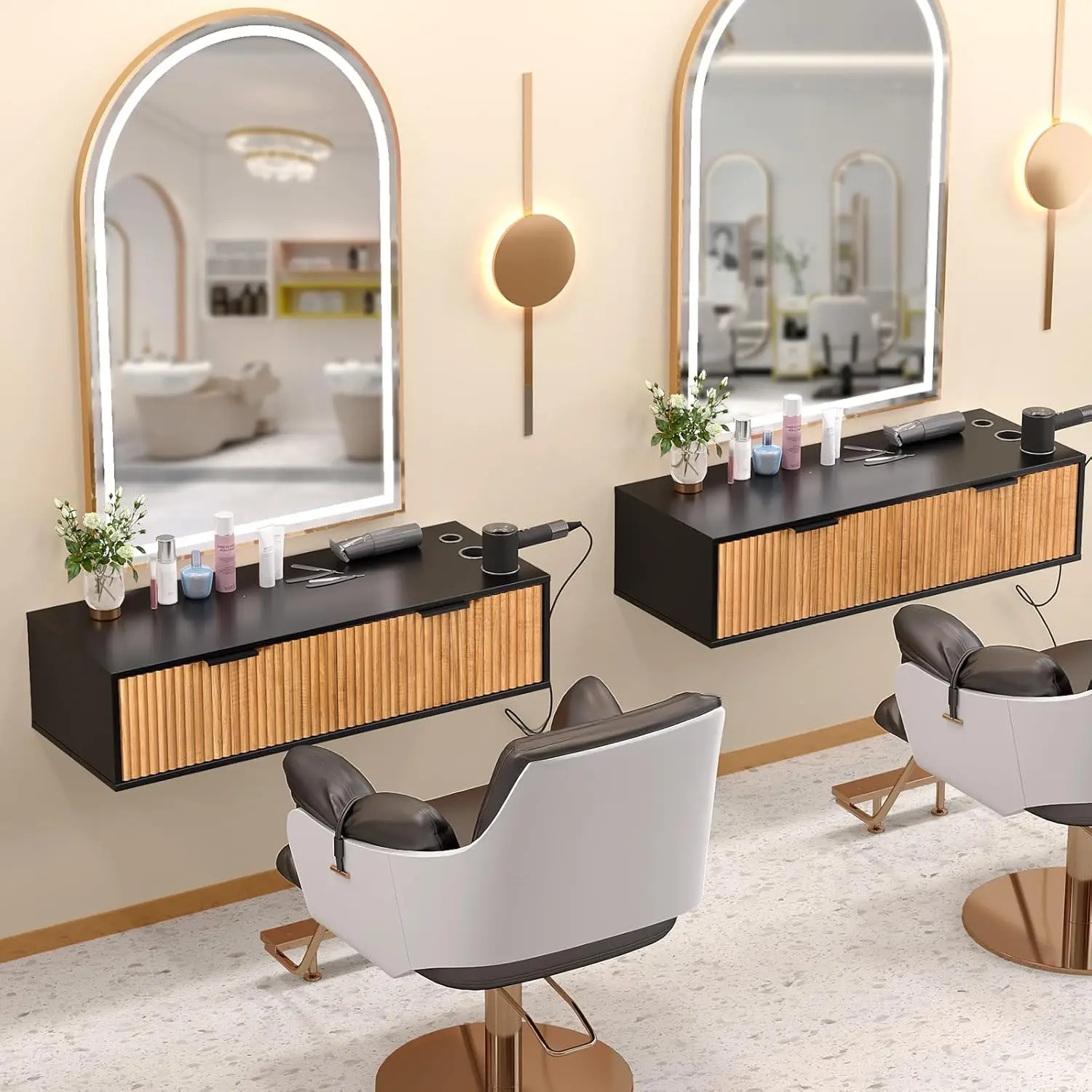 

Wall Mount Salon Cabinet with 3 Dryer Holders & 2 Drawers Retro Storage for Salon Bathroom, Custom