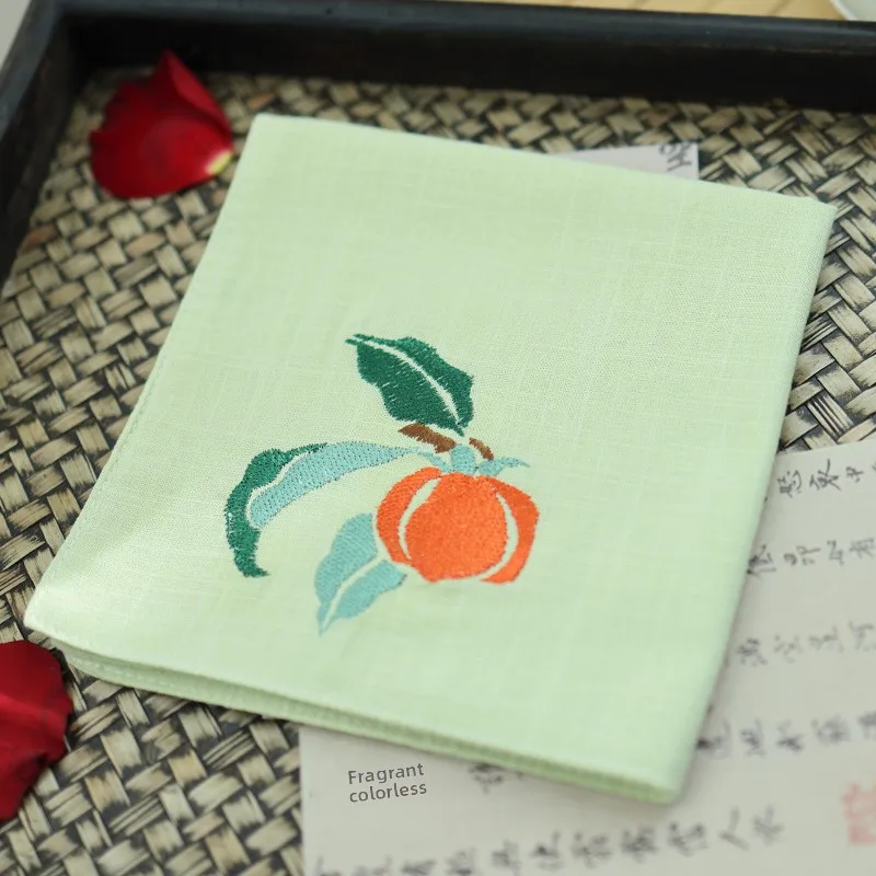 Chinese Style Persimmon Embroidery Lucky Auspicious 100 Cotton Square Sweat Absorbent Pocket Hanky For Men Women 8 Color Options