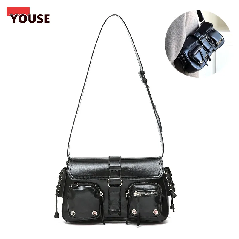 

Black Leather Crossbody Bag Industrial Rivet Design & Triple Zipper | Adjustable Strap Purse Harajuku Vintage Gothic Handbags