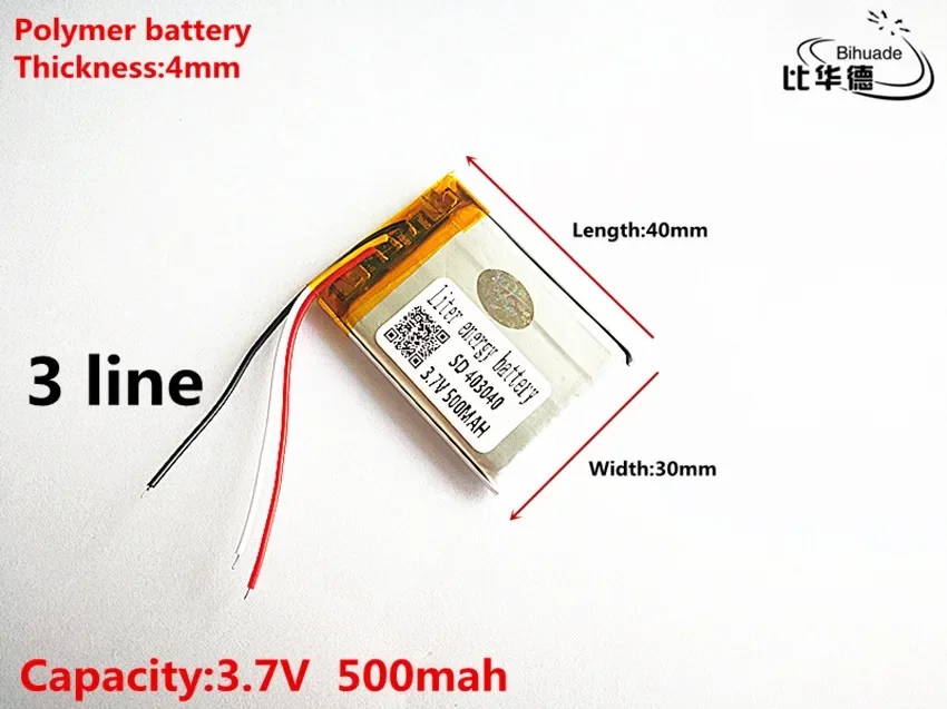 5pcs/lot 3 line Good Qulity 3.7V,500mAH,403040 Polymer lithium ion / Li-ion battery for TOY,POWER BANK,GPS,mp3,mp