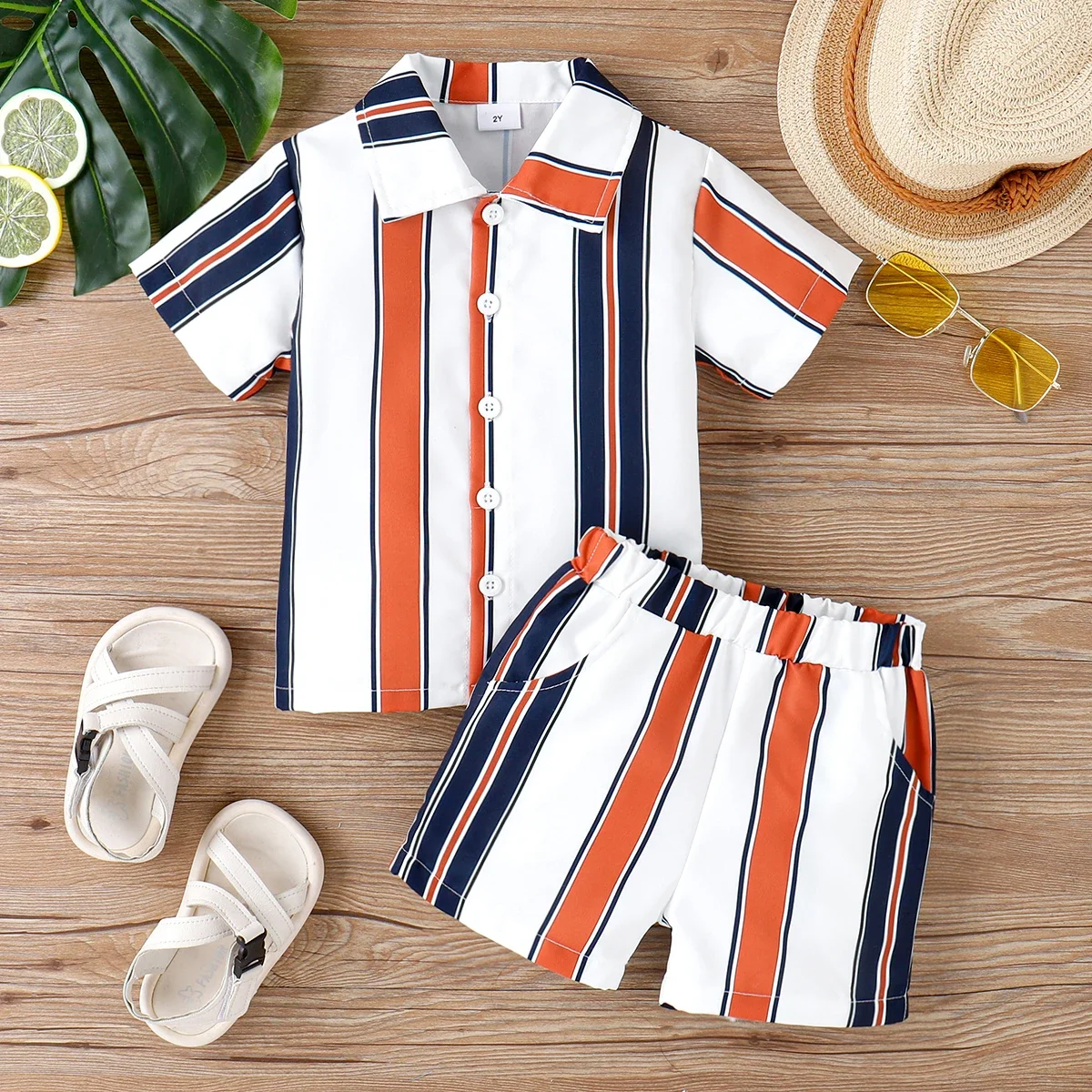 PatPat 2pcs Toddler Boy Boho Stripe Lapel Collar Shirt and Shorts Set Suitable for Summer Season Soft and Comfortable