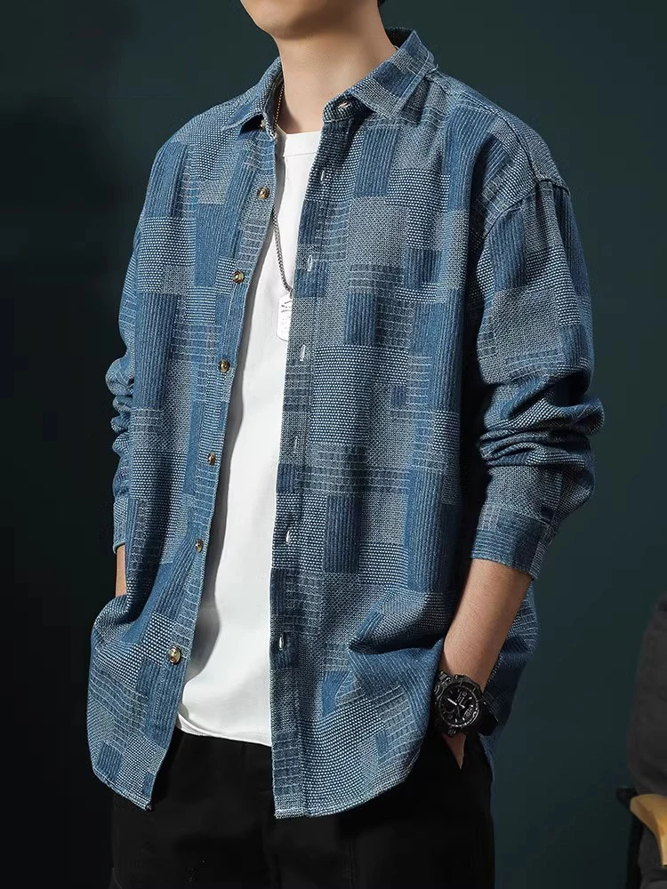 

Ретро-куртка свободного кроя с длинными рукавами и воротником из денима, модная мужская верхняя одежда для весны и осени, молодежная, из полиэстера и хлопка