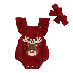 0-18 Months Baby Girls Christmas Jumpsuit Flying Sleeve Elk Embroidery Rompers with Headband