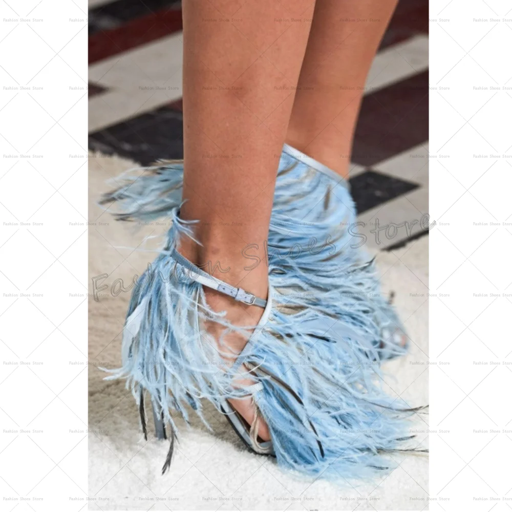

Blue Cross Strap Feather Decor Sandals Stilettos High Heels High Heel Shoes for Women Fashion Heels 2025 New Zapatos Para Mujere