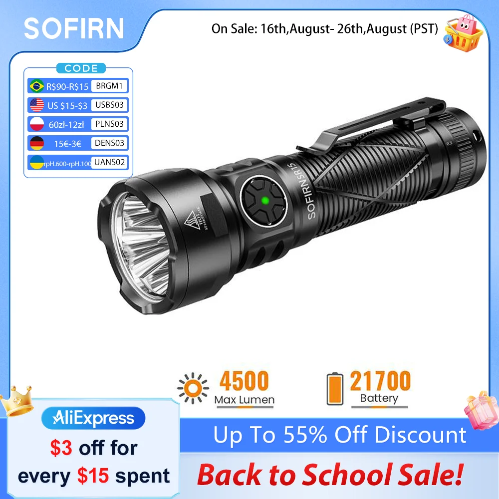SOFIRN SR15 wiederaufladbare Taschenlampe, 4500 lm, superhell, große Strahlentfernung, EDC-Taschenlampe für Camping, Angeln