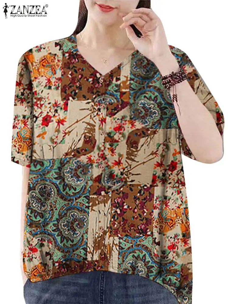 ZANZEA-Blusa de algodón con estampado Vintage para Mujer, camisa informal elegante con cuello en V, holgada, con botones, de manga corta, para verano, 2024