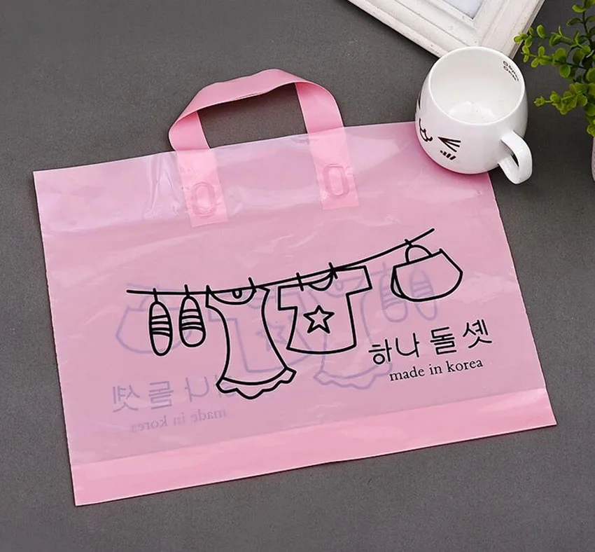 50 PCS, 38x28cm Thick Beige Pink Korea Plastic Gift Packaging Bag with Handle, Clothes Shoes Shopping Storage Bag Pouch