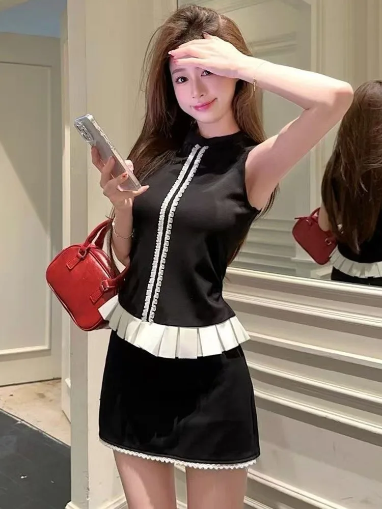 

American Style Spicy Girl Ballet Vest Set Dress Women Summer Waist-Cinching Black Top Bodycon Short Skirt Versatile Two-Piece