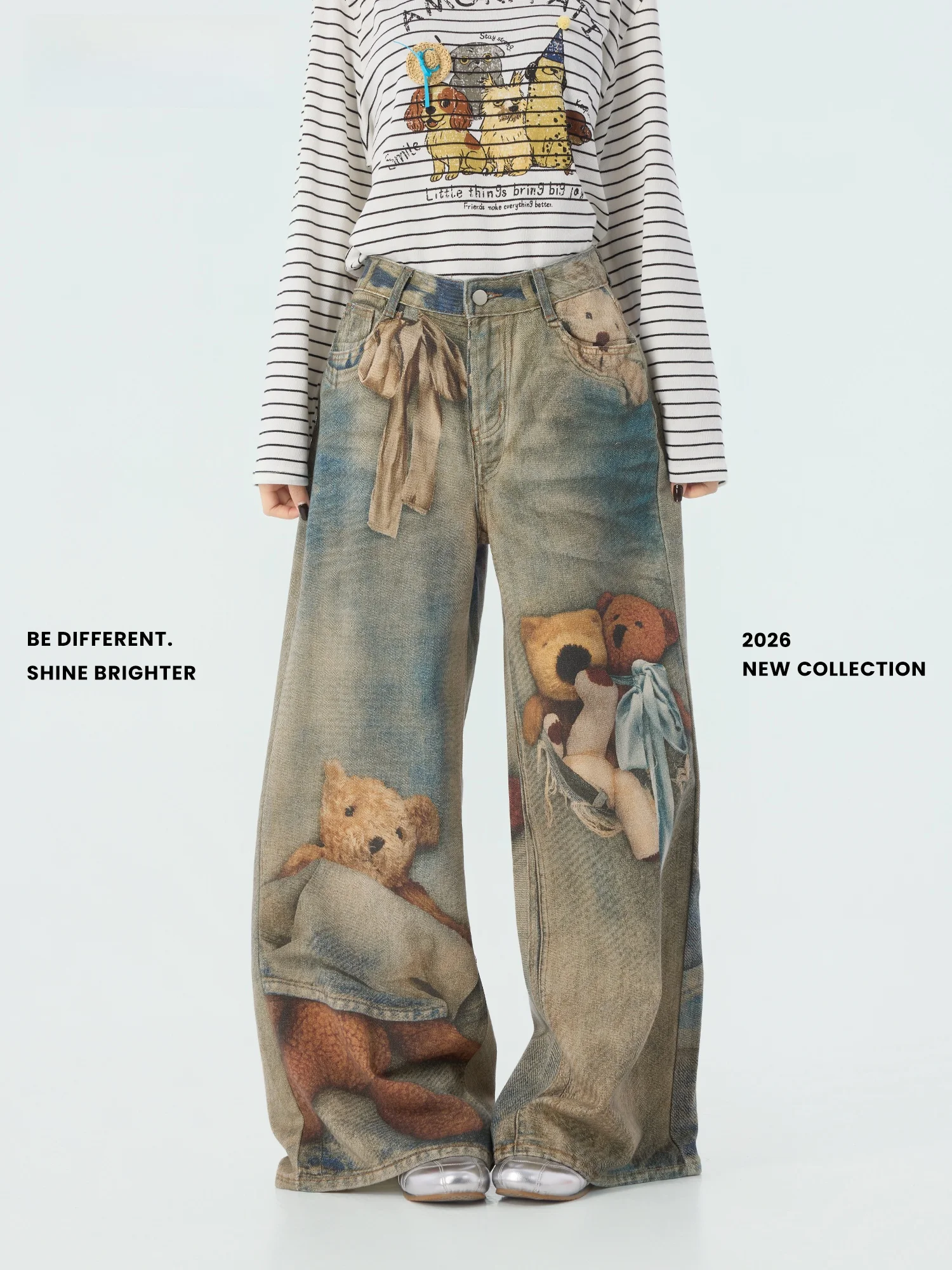 

Waed Denim adual adient Wide Leg Jeans Women's Spring New Sle Small Bear Print l Waist Cotton Casual Trousers