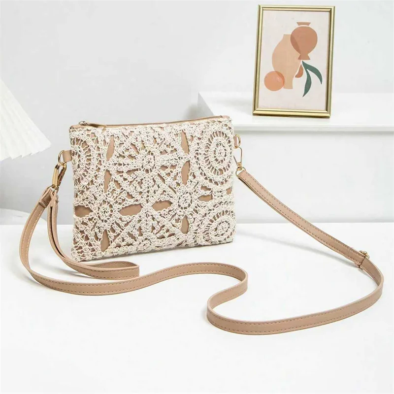 Einfache, vielseitige Umhängetasche aus Häkelstoff, neue gewebte Tasche, Reißverschluss, Retro-Casual-Strandtasche mit Blumenmuster für Damen – Detail 10
