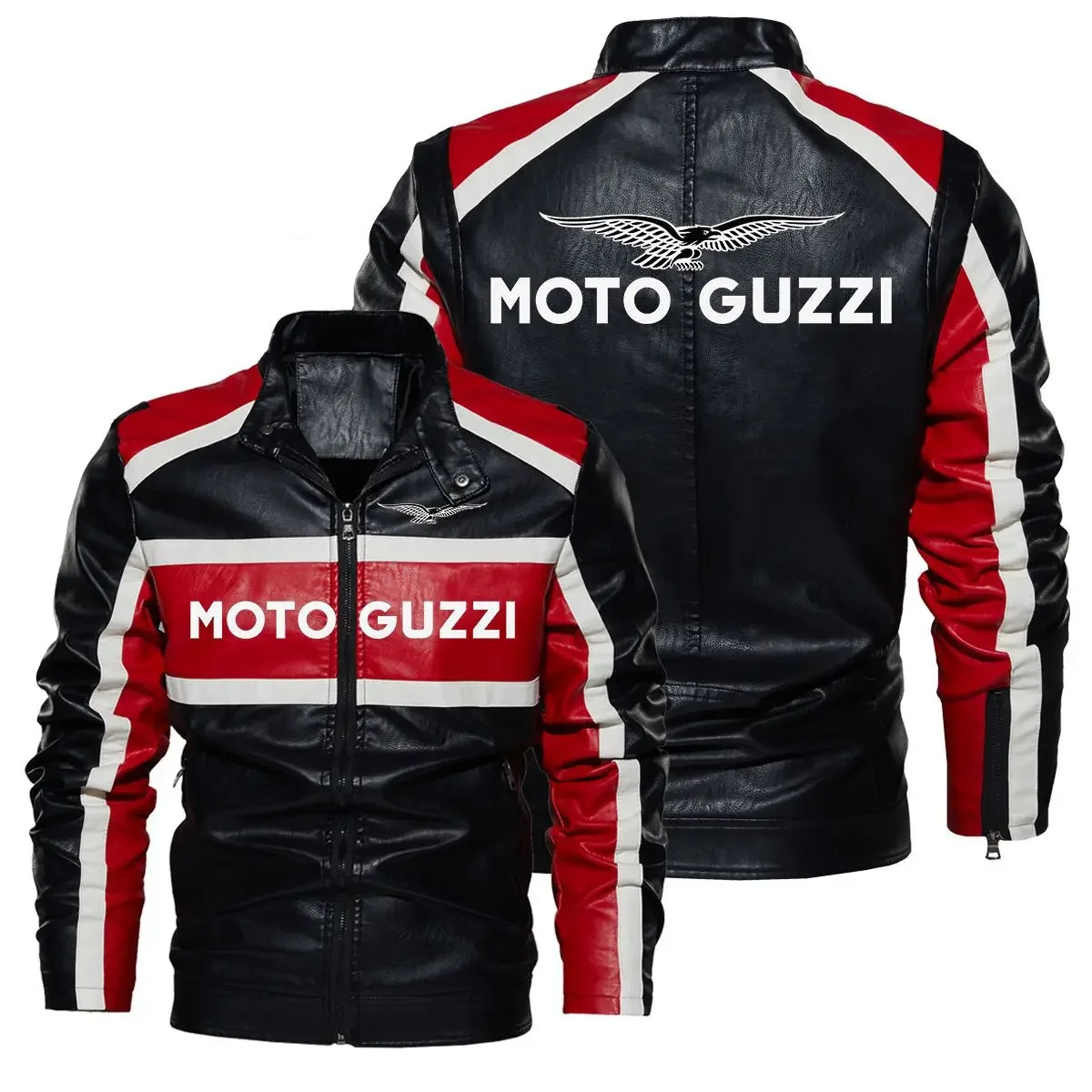 New Moto Guzzi Contrast PU Leather Jacket Men's Autumn Winter Men High Quality Coat Motorcycle Style Casual Jackets Black Warm O