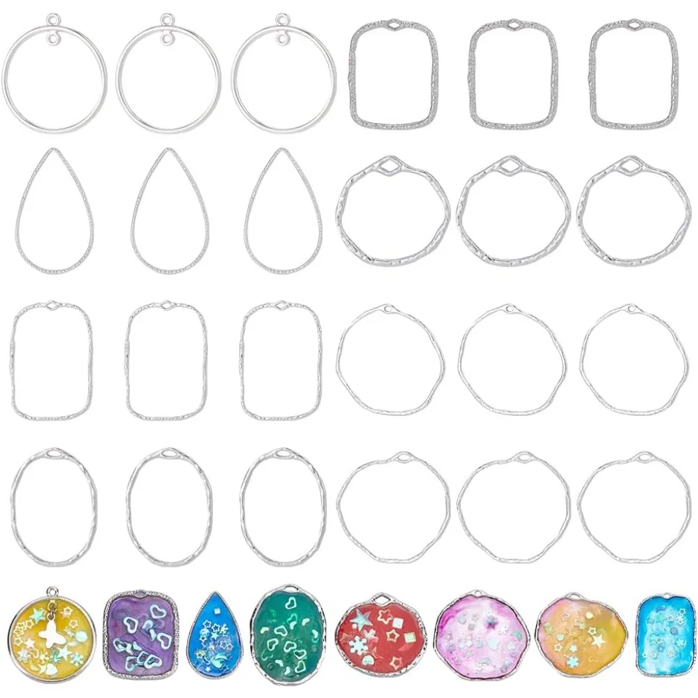 48Pcs 8 Style Ring Open Back Bezel Pendants Oval Hollow Frame Pressed Flower Frame Charms Resin Bezel Earring Frame