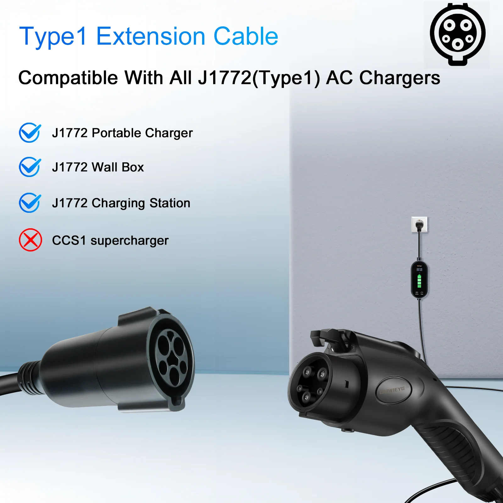 GUWIEYG Type1 Extension Cord Compatible with J1772 EV Charger 21ft 250V Max EV Charging Cable Extension Electric Car Charging