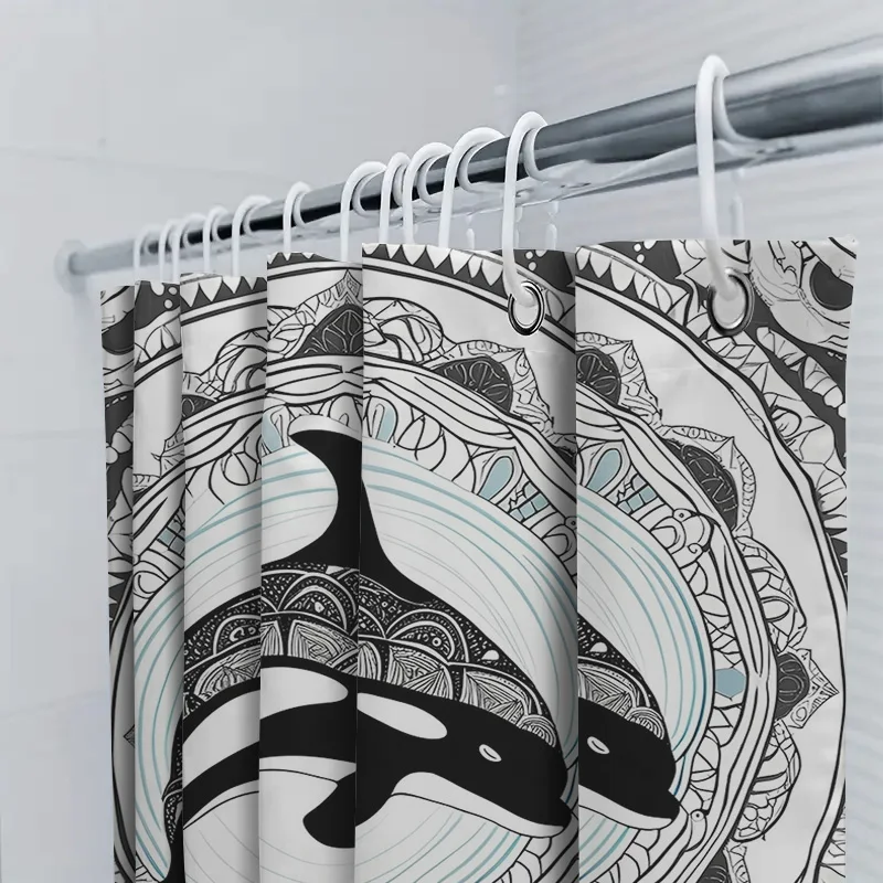 ستارة دش مزخرفة تتميز باللون الأسود والأبيض Orca Whale Artwork مثالية لديكور الحمام الحديث مقاس 72 × 84 بوصة (1-5 أعمال