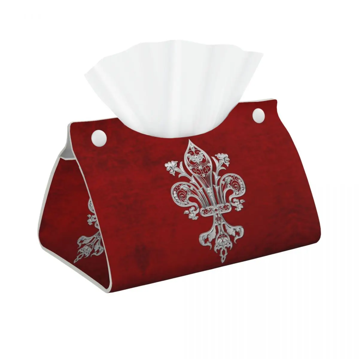 Custom Silver Filigree Fleur De Lis Tissue Box Cover PU Leather Rectangular Lily Flower Fleur-De-Lys Facial Tissues Holder for