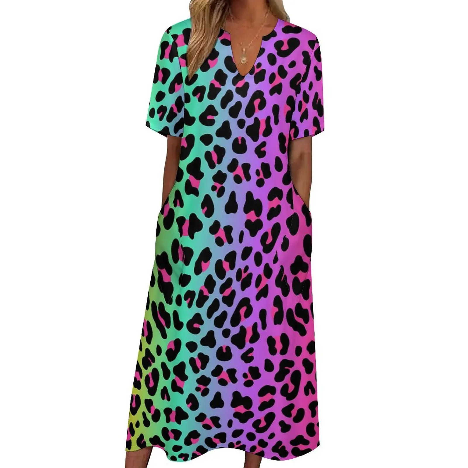 Rainbow Leopard Dress Cheetah Neon Print Party Maxi Dress Aesthetic Casual Long Dresses Summer Short Sleeve Custom Clothes