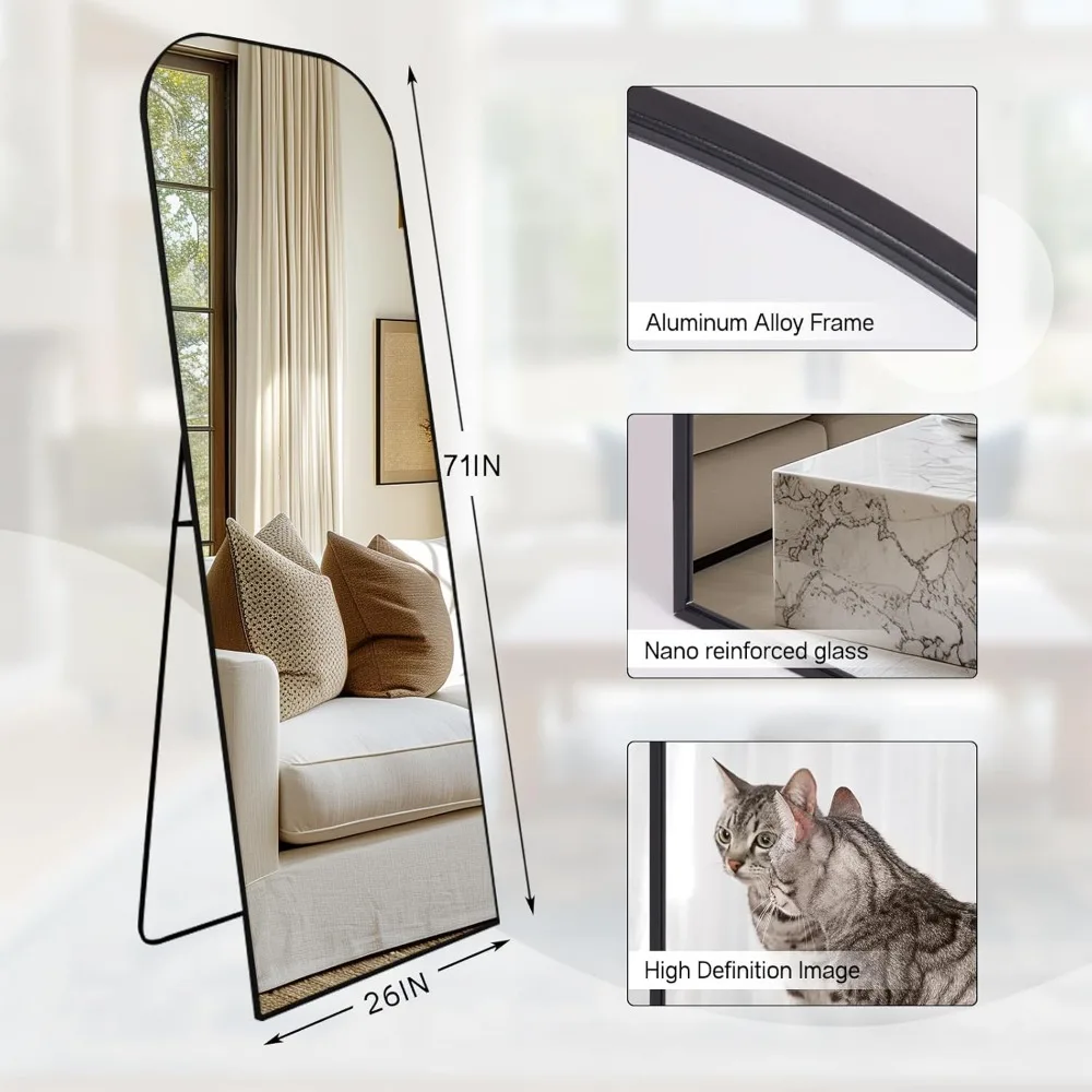 Grand miroir de sol autoportant arqué 71 x 26 pouces, corps complet, salon ou chambre à coucher, option sur pied ou montage mural