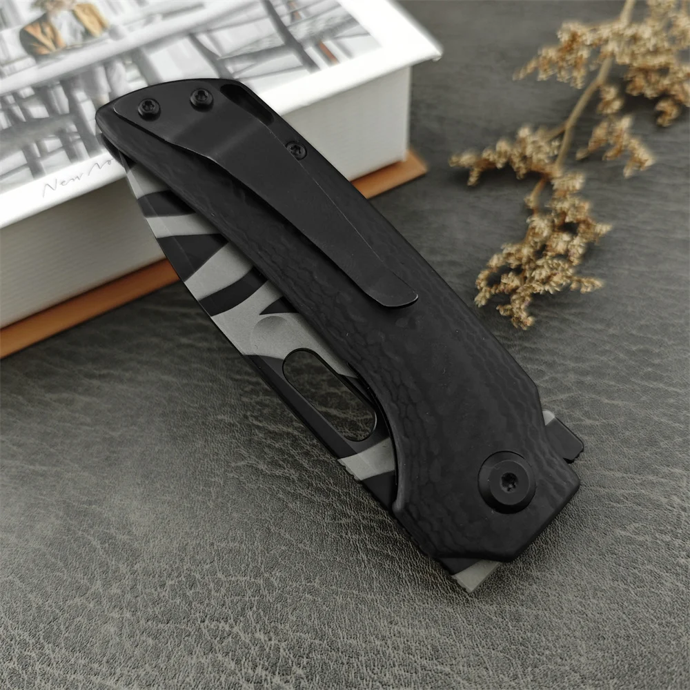 New Outdoor Tactical Folding Knife Zebra Pattern D2 Blade Carbon Fiber Handle EDC Camping Hiking Hunting Survival Tool