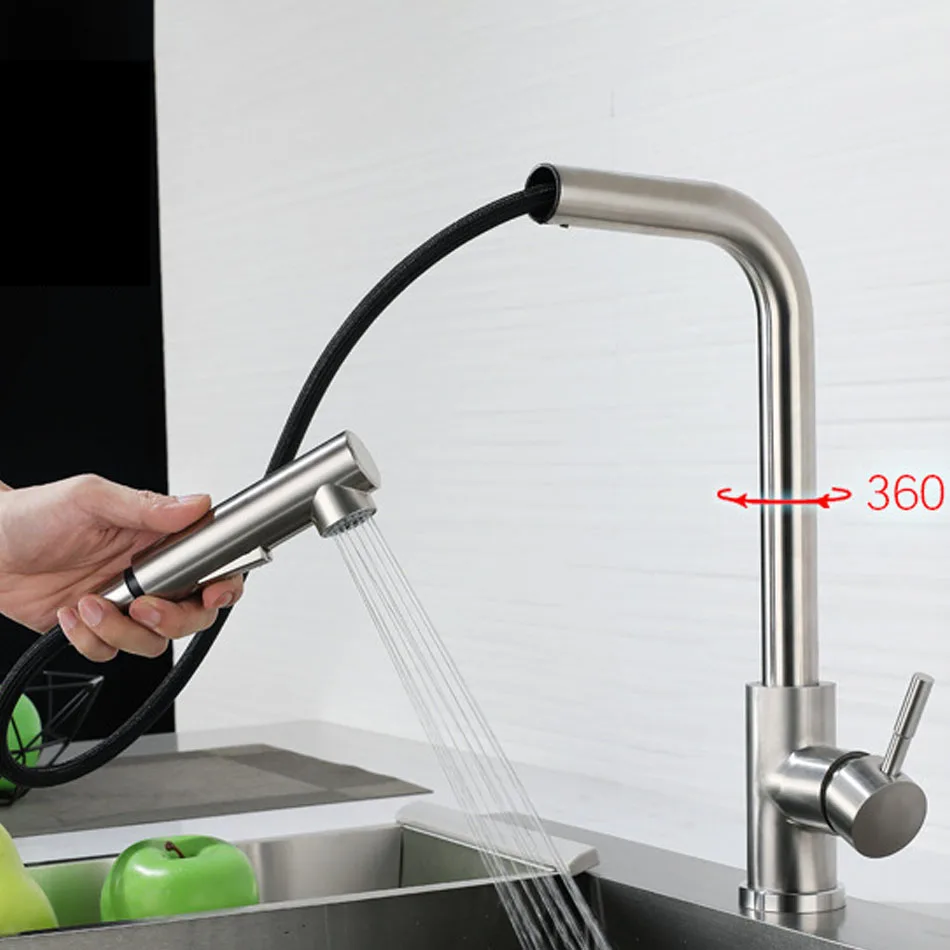 

Pull Out Kitchen Sink Faucet 304 Stainless Steel Brushed Black Deck Mounted Hot Cold Water Faucet Sprayer Head Mixer Tap Crane