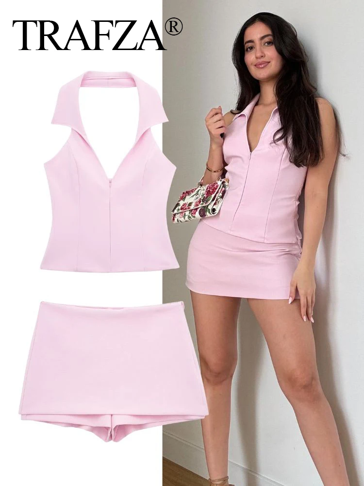 TRAFZA 2024 Women Sexy Pink Camis Top Shorts Set Summer Fashion Halter Neck Backless Top+Sweet Pink Short Pant Lady Suit